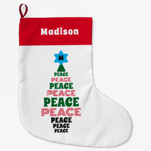 Meia De Natal Grande Red and Green Peace Christmas Tree White Add Name