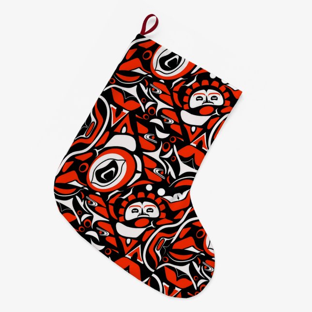 Meia De Natal Grande Red Black White Abstract Haida Face Native Art (Frente (Pendurada))