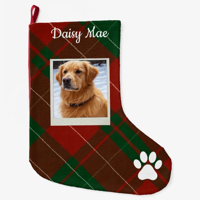 Meia De Natal Grande Red & Green Tartan Plaid Personalized Pet (Frente)