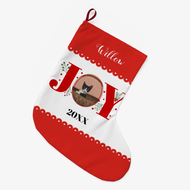 Meia De Natal Grande Red Joy com bagas e gato de Natal (Frente (Pendurada))