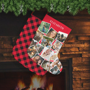 Meia De Natal Grande Red Name Photo Collage Large Christmas Stocking