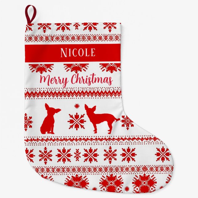 Meia De Natal Grande Red Nordic Chihuahua Dog Christmas (Frente)