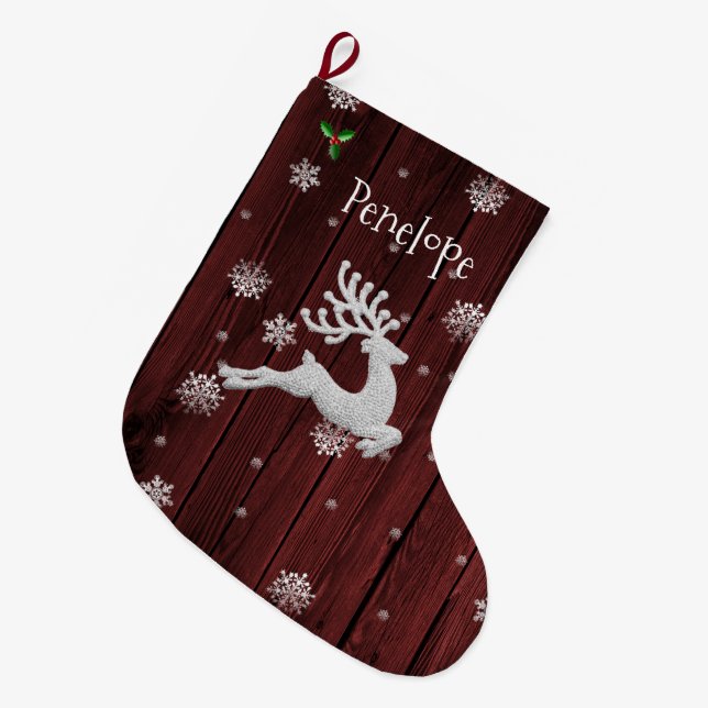 Meia De Natal Grande Red Rustic Christmas Reindeer Stocks (Frente (Pendurada))