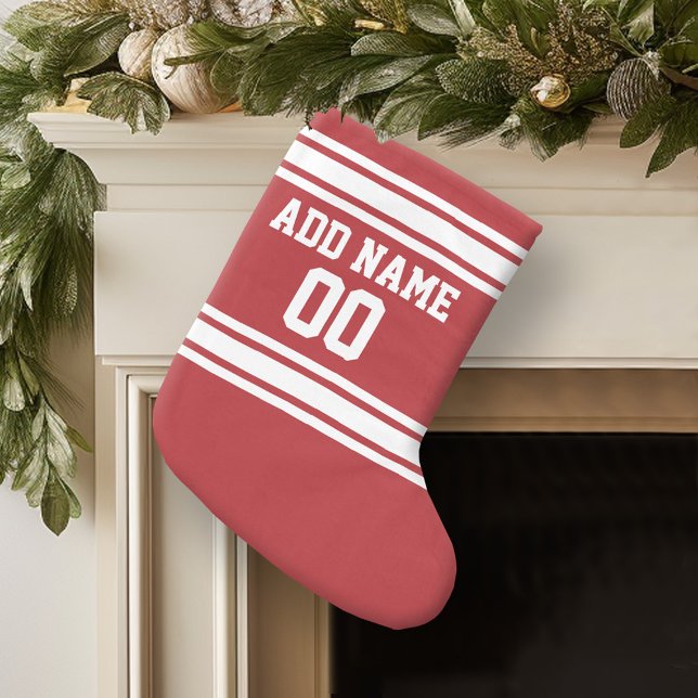 Meia De Natal Grande Red Sports Jersey com seu nome e número (Personalized Christmas Stocking)