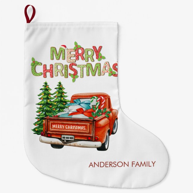 Meia De Natal Grande Red Truck Pine Tree Feliz Natal Personalizado (Frente)