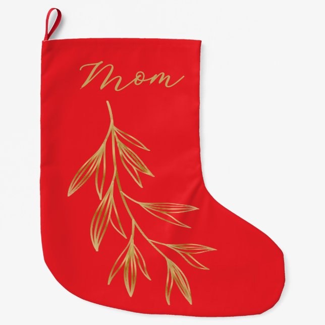 Meia De Natal Grande Red with Gold Graphic Leaf named (Frente)