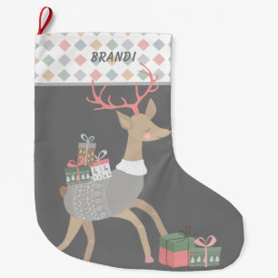 Meia De Natal Grande Reindeer Apresenta Limite De Padrão De Diamante