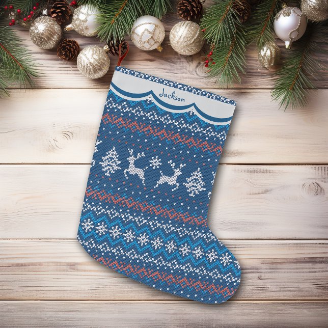 Meia De Natal Grande Reindeer Blue Nordic Patterno (Criador carregado)