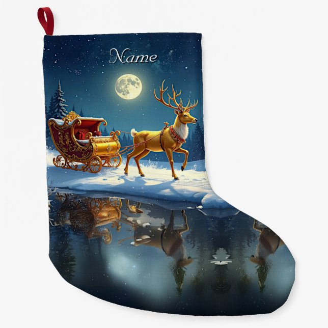 Meia De Natal Grande Reindeer Christmas Sleigh Holiday Stocking (Frente)