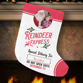 Meia De Natal Grande Reindeer Express de Nome e Foto de Papais noeis