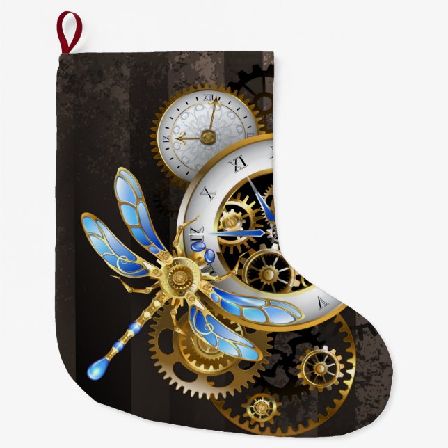 Meia De Natal Grande Relógio Steampunk com Dragonfly Mecânica (Frente)