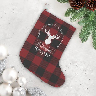Meia De Natal Grande Rena Vermelha e Xadrez de Búfalo Preto Nome da Fam