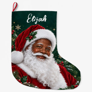 Meia De Natal Grande Retrato Personalizado de Papai Noel Afro-Americano