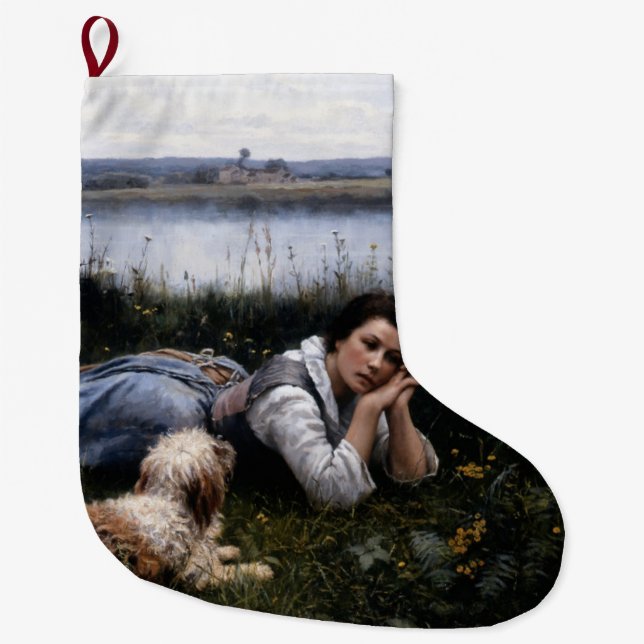 Meia De Natal Grande Reverioso (Garota deitada na grama com seu cachorr (Frente)