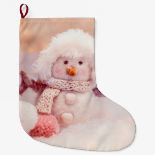 Meia De Natal Grande Rosa de Natal e Branca Fluffy Snowman
