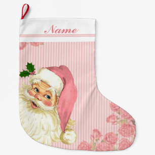Meia De Natal Grande Rosas de Papai Noel Vitoriano Rosa Antigo
