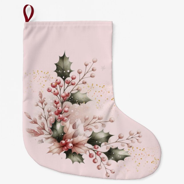 Meia De Natal Grande Roxo Bege Azevinho e Frutas (Frente)