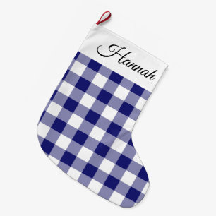 Meia De Natal Grande Rustic Blue White Xadrez Checks Nome