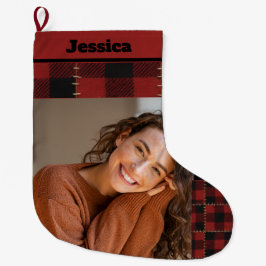 Meia De Natal Grande Rustic Buffalo Plaid Custom Name and Photo