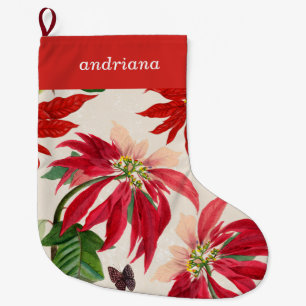 Meia De Natal Grande Rustic Red Watercolor Poinsettia Floral Greenery