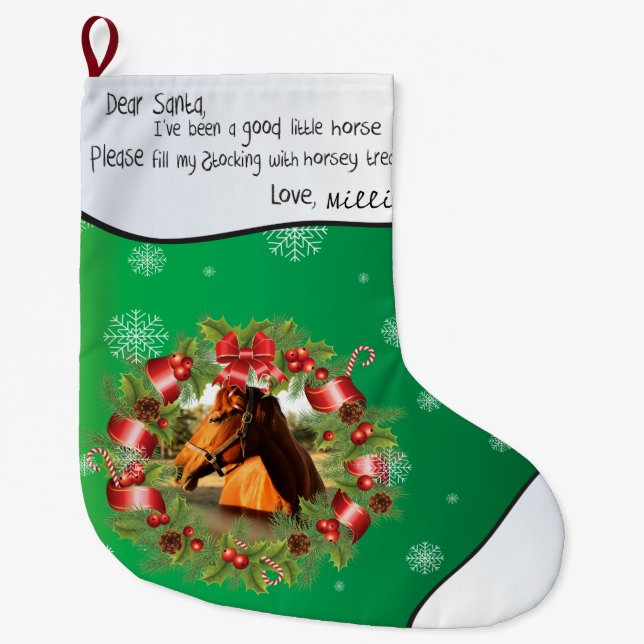 Meia De Natal Grande Seu nome de FOTO Cavalo Caros Papais noeis ao Redo (Frente)