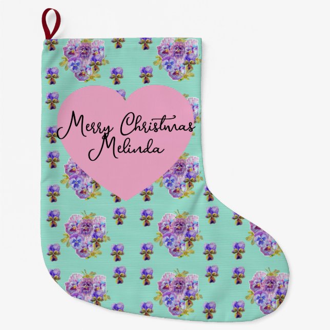 Meia De Natal Grande Shabby Chic Floral Aqua Christmas Girls Name (Frente)