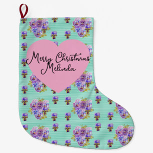 Meia De Natal Grande Shabby Chic Floral Aqua Natal Nome Meninas