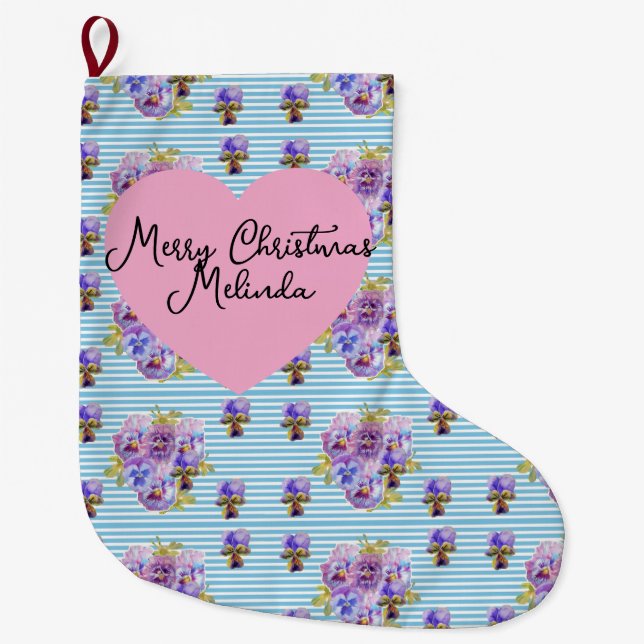 Meia De Natal Grande Shabby Floral Pastel Blue Christmas Girls Name (Frente)