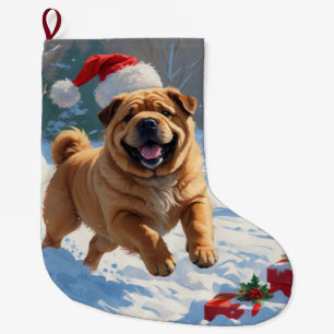 Meia De Natal Grande Shar Pei Correndo na Neve com Chapéu de Natal