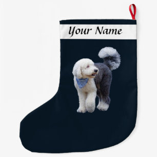 Meia De Natal Grande Sheepadoodle Com Cachecol Xadrez Azul