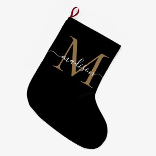 Meia De Natal Grande Simples manuscrito preto Dourado monograma elegant