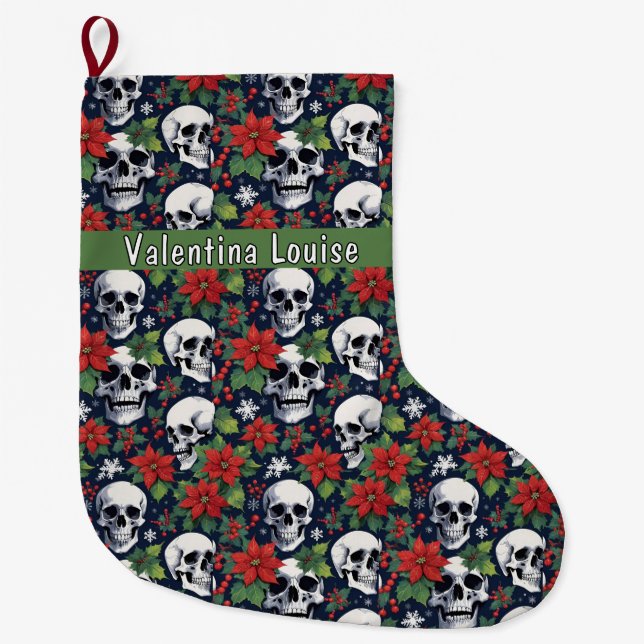 Meia De Natal Grande Skull Christmas With Poinsettias & Snowflakes (Frente)
