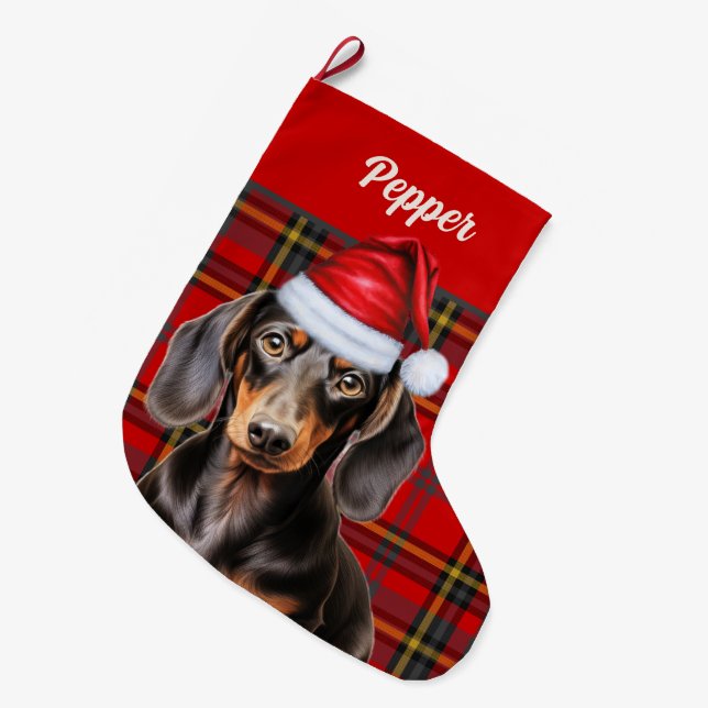 Meia De Natal Grande Smooth Dachshund Dog Holiday Plaid Personalized (Frente (Pendurada))