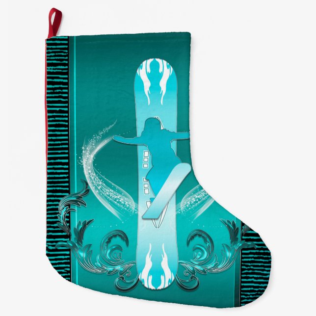 Meia De Natal Grande Snowboarding, Snowboarder com elementos florais (Frente)