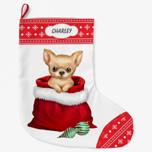 Meia De Natal Grande Snowflake Border Chihuahua Puppy Gift Surpresa (Frente)