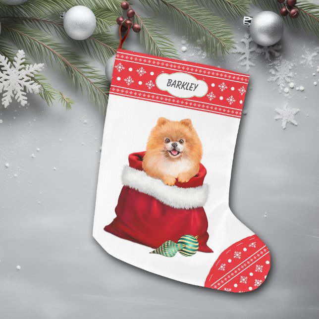 Meia De Natal Grande Snowflake Border Pomeranian Gift Surpresa (Criador carregado)