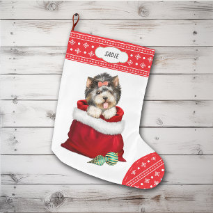 Meia De Natal Grande Snowflake Border Yorkie Gift Surpresa