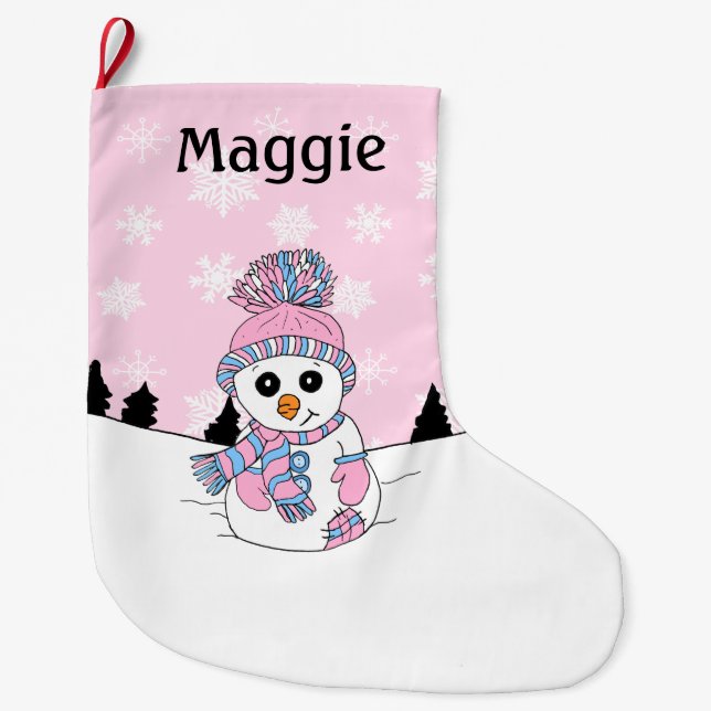 Meia De Natal Grande Snowman Rosa e Flocos de neve personalizados (Frente)