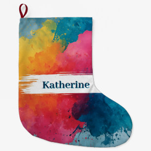 Meia De Natal Grande Splash de Pintor de Aquarela Vibrante com Nome Per