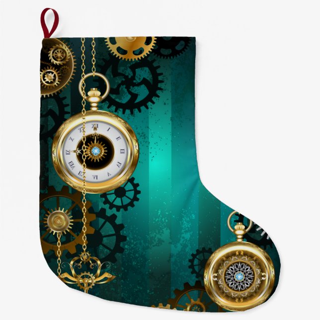 Meia De Natal Grande Steampunk Jewelry Watch em um fundo verde (Frente)