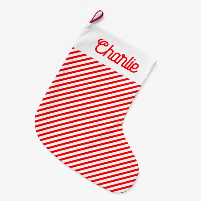 Meia De Natal Grande Stripes Vermelhas e Brancas Personalizadas (Frente (Pendurada))