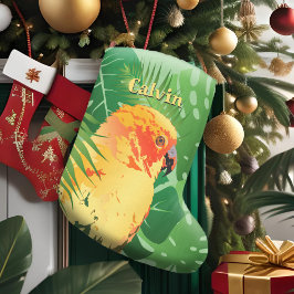 Meia De Natal Grande Sun Conure Parrot Pop Art Verdes Folhas Tropicais