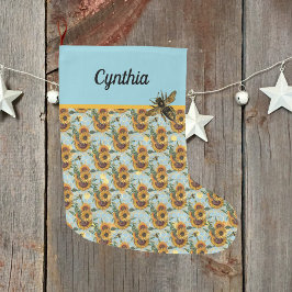 Meia De Natal Grande Sunflower Honeycomb e Bebês Turquesa e Dourado