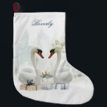 Meia De Natal Grande Swans de Aquarela com presentes personalizados<br><div class="desc">Ofereça ao seu amigo ou amado de cisne uma meia elegante nesta época de férias! Este design apresenta dois cisnes brancos com um fundo de oscilação de aquarela macia com flocos de neve e presentes! Não se esqueça de personalizar com seu nome ou mensagem. Se precisar de ajuda para transferir...</div>