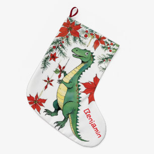 Meia De Natal Grande T-Rex Dinossauro engraçado de Natal & Poinsettias