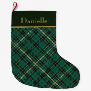 Meia De Natal Grande Tartan Verde Escuro e Preto