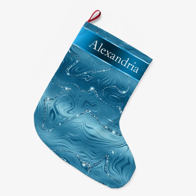 Meia De Natal Grande Teal Blue Aqua Glam Glitz Nome de Natal (Frente (Pendurada))