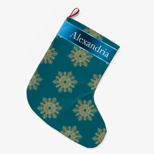 Meia De Natal Grande Teal Blue Glitter Snowflakes Nome de Natal