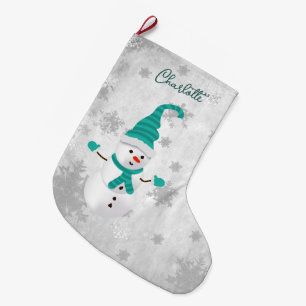 Meia De Natal Grande Teal Cute Snowman Holiday Stocks
