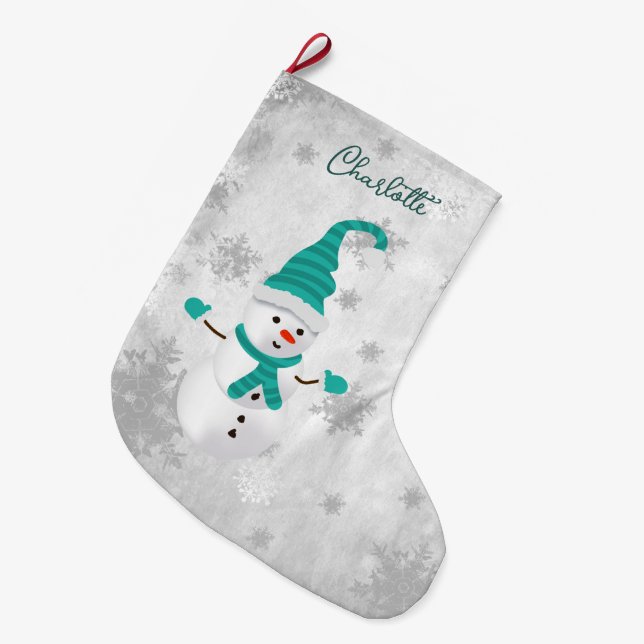 Meia De Natal Grande Teal Cute Snowman Holiday Stocks (Frente (Pendurada))